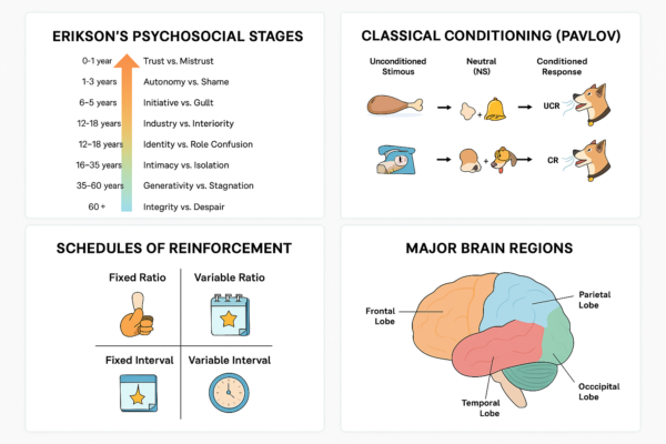 Lesson 5–8 Visual Diagrams: Identity, Learning, Disorders & BrainPsych/Soc Master Diagrams – Erikson, Conditioning, Brain, DSM